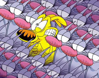 anthro big_nose biped brown_nose clasped_hands clenched_teeth clone eye_bags fur group half-closed_eyes male narrowed_eyes nervous pink_nose purple_body purple_fur ringed_eyes scared semi-anthro standing surrounded teeth whiskers white_sclera wide_eyed worried worried_face worried_look yellow_body yellow_fur theyoyododo mother_goose_and_grimm attila_(mother_goose_and_grimm) grimmy_(mother_goose_and_grimm) bull_terrier canid canine canis domestic_cat domestic_dog felid feline felis hunting_dog maine_coon mammal terrier 2025 colored digital_drawing_(artwork) digital_media_(artwork) hi_res shaded