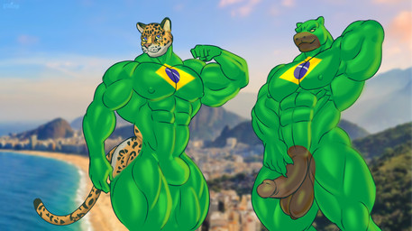 anthro blurred_background brazil brazilian_flag clothing duo erection flexing genitals green_body latex latex_clothing latex_skinsuit looking_at_viewer male muscular muscular_anthro muscular_male muscular_thighs penis presenting skinsuit small_waist thick_thighs tight_clothing wide_hips tiburalgo capybara caviid felid leopard mammal pantherine rodent hi_res