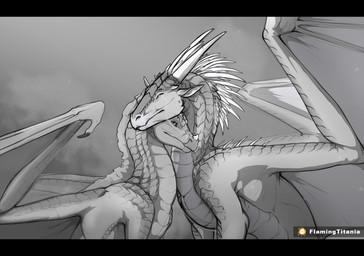 ambiguous_gender bodily_fluids claws comforting duo eyes_closed facial_scar feral head_spikes horn long_neck membrane_(anatomy) membranous_wings nose_spike scales scar sitting snout spikes spikes_(anatomy) tears wing_claws wings flamingtitania european_mythology mythology wings_of_fire qibli_(wof) winter_(wof) dragon icewing_(wof) mythological_creature mythological_scalie sandwing_(wof) scalie western_dragon greyscale hi_res letterbox monochrome shaded male_(lore)