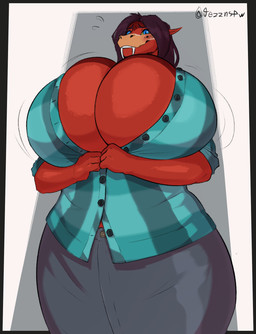 anthro big_breasts big_fangs blue_clothing blue_eyes blue_topwear bottomwear breasts brown_hair clothed clothing fangs female female_anthro front_view glistening glistening_eyes grey_bottomwear grey_clothing grey_skirt hair huge_breasts low-angle_view non-mammal_breasts red_body red_breasts skirt solo standing teeth thick_thighs tight_clothing tight_topwear topwear wide_hipped_anthro wide_hipped_female wide_hips jezzlen mythology dragon mythological_creature mythological_scalie scalie hi_res portrait signature three-quarter_portrait