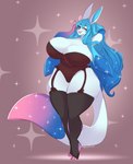 anthro anthrofied big_breasts blue_hair blush breasts cleavage clothed clothing curvy_figure female garter_straps hair hand_behind_head huge_breasts legwear lingerie long_hair looking_at_viewer one_eye_closed open_mouth pink_nose pokemorph simple_background smile solo sparkles sparkling_background sparkling_character stockings teddy_(clothing) thick_thighs voluptuous white_body wide_hips wink bunnywhiskerz nintendo pokemon livy_(chrisceon) canid eeveelution generation_4_pokemon glaceon mammal pokemon_(species) 2021 digital_media_(artwork) hi_res shaded