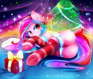 bed bedding blanket butt christmas_decorations christmas_lights christmas_tree clothing eyebrows eyelashes female feral furniture gift hair heart_symbol holidays holly_(plant) legwear lights looking_at_viewer lying makeup mascara mostly_nude on_side pattern_clothing pattern_legwear pattern_stockings plant presenting presenting_hindquarters purple_eyes purple_hair ribbons smile solo sparkles stockings striped_clothing striped_legwear striped_stockings stripes tree koveliana christmas friendship_is_magic hasbro my_little_pony fan_character earth_pony equid equine horse mammal pony 2017 absurd_res hi_res