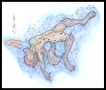 anthro black_border border breasts colored_pencil feet female fur hair implied_drowning markings nipples nude paws simple_background solo spots spotted_body spotted_fur tail text toes underwater water yellow_body cougar_leon autumn_williams hyena mammal werecreature werehyena colored_pencil_(artwork) traditional_media_(artwork)