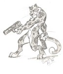 anthro digitigrade dual_wielding featureless_crotch feet fur gun handgun hindpaw holding_gun holding_handgun holding_object holding_ranged_weapon holding_weapon leopard_spots male navel nude paws ranged_weapon simple_background snout solo spots standing tail weapon white_background herbie_bearclaw felid leopard mammal pantherine 1999 graphite_(artwork) greyscale monochrome signature sketch traditional_media_(artwork)