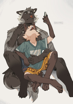 anthro black_body black_eyes black_fur duo electronics fur grey_body grey_fur holding_object holding_phone male muscular muscular_anthro muscular_male phone slim_anthro slim_male tongue tongue_out white_body white_fur hemuchang canid canine canis domestic_dog fox mammal platinum_fox red_fox true_fox hi_res