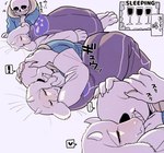 3_toes anthro blush bone clothing delta_rune_(emblem) dress drunk duo ellipsis exclamation_point feet female fur heart_symbol hug male male/female skeleton sleeping substance_intoxication symbol text toes white_body white_fur under10mato undertale undertale_(series) sans_(undertale) toriel animated_skeleton boss_monster_(undertale) bovid caprine humanoid mammal undead 2019 japanese_text