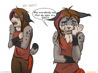 anthro blue_eyes bodily_fluids bottomwear brown_bottomwear brown_clothing brown_pants clothing crying dialogue female markings pants red_clothing red_shirt red_topwear shirt short_tail solo spots spotted_body tail tears text topwear xleb0rezka ambient_among_us among_us among_us_eyes among_us_pareidolia innersloth annet_(xleb0rezka) felid feline lynx mammal 4:3 english_text