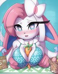 anthro big_breasts blue_eyes blush bow_(feature) bra breasts carrot carrot_between_breasts cleavage clothed clothing easter_egg egg female food fur heart_eyes heart_symbol holidays open_mouth open_smile pink_body pink_fur plant ribbons smile solo tongue underwear vegetable white_body white_fur rilex_lenov easter nintendo pokemon mina_(rilex_lenov) eeveelution generation_6_pokemon pokemon_(species) sylveon 2024 hi_res