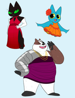 1_eye anthro black_body black_fur blush clothed clothing crossdressing cybernetic_arm cybernetic_limb cybernetics digitigrade disability dress eye_patch eyewear female fur green_eyes group machine male overweight overweight_male prosthetic prosthetic_arm prosthetic_limb fleshysack cartoon_network mao_mao:_heroes_of_pure_heart adorabat badgerclops sheriff_mao_mao_mao badger bat cyborg domestic_cat felid feline felis mammal mustelid musteline absurd_res hi_res