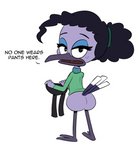 anthro beak bottomless bottomwear butt clothed clothing dialogue female freckles hair half-closed_eyes looking_at_viewer looking_back narrowed_eyes open_mouth pants simple_background solo text tongue white_background young young_anthro scobionicle99 disney ducktales ducktales_(2017) violet_sabrewing apodiform avian bird hummingbird 2020 english_text