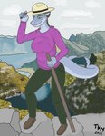 anthro blue_body blue_skin bottomwear brown_clothing brown_footwear brown_shoes clothing colored_fingernails colored_nails detailed_background female fingernails footwear green_bottomwear green_clothing green_eyes green_pants hiking jacket mountain nails pants park_ranger purple_clothing purple_jacket purple_topwear shoes solo topwear walking_stick tackykat gwyn_(tackykat) fish marine shark hi_res