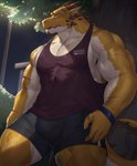 anthro bulge clothed clothing countershade_arms countershade_face countershade_neck countershade_tail countershade_torso countershading horn male muscular muscular_anthro muscular_male solo tail yellow_body taki_kaze mythology dragon mythological_creature mythological_scalie scalie hi_res