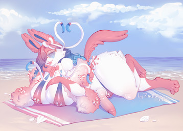 anthro beach beach_towel big_breasts breasts clothing erection fur genitals gynomorph huge_breasts intersex knot knotted_penis lying on_front penis pink_body pink_fur solo swimwear tongue tongue_out towel water white_body white_fur zackusy nintendo pokemon eeveelution generation_6_pokemon pokemon_(species) sylveon absurd_res hi_res