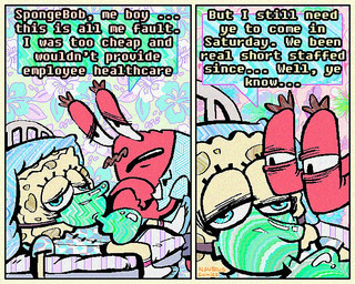 bed dialogue eyestalks furniture half-closed_eyes hospital_bed hospital_gown humor life_support narrowed_eyes red_body speech_bubble text yellow_body rawdawgcomics nickelodeon spongebob_squarepants mr._krabs spongebob_squarepants_(character) arthropod crab crustacean decapod malacostracan marine sea_sponge english_text