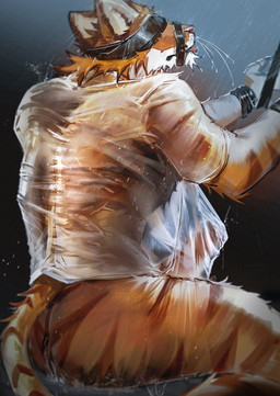 blindfold clothing erection erection_under_clothing fur male raining shirt tail topwear translucent translucent_clothing wet toothlee felid mammal pantherine tiger absurd_res digital_drawing_(artwork) digital_media_(artwork) hi_res