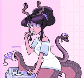 apode bathroom brush brushing brushing_teeth clothing female hair hat headgear headwear legless living_horn living_tail nightcap serpentine solo split_form tail tied_hair unusual_anatomy unusual_tail discount-supervillain snake_girl_(discount_supervillain) demon draconcopode lamia reptile scalie snake 2022