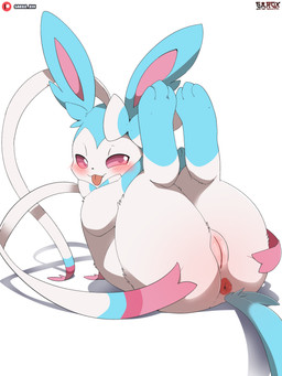anus big_butt butt female feral fur genitals looking_at_viewer lying pupils quadruped simple_background smile solo thick_thighs three-quarter_view vulva sarox nintendo pokemon eeveelution generation_6_pokemon pokemon_(species) sylveon absurd_res hi_res
