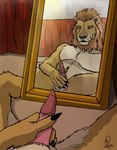 anthro bed_sheet bedding bedroom brown_body brown_fur carpet fur genitals gold_frame leaning_on_object male mane masturbation mirror narcissism penile penile_masturbation penis red_bed_sheet red_bedding reflection sitting sitting_on_ground solo warm_lighting yellow_eyes yenocwolf kinktober felid lion mammal pantherine absurd_res hi_res