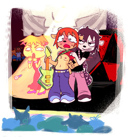 anthro belt black_clothing black_nose black_shirt black_t-shirt black_topwear blue_bottomwear blue_clothing blue_footwear blue_jeans blue_pants blue_shoes bodily_fluids bottomwear breasts brown_body brown_fur brown_tail clenched_teeth clothed clothed_anthro clothed_female clothing countershading crowd denim denim_bottomwear denim_clothing detailed_background dress electronics exhibitionism eyeshadow female female_anthro flashing flashing_breasts footwear fully_clothed fully_clothed_anthro fully_clothed_female fur green_guitar grin group guitar hair holding_guitar holding_musical_instrument holding_object horn jeans light lipstick looking_at_another makeup male male_anthro microphone mischievous_smile musical_instrument navel nervous nervous_sweat nipples orange_hair pants pink_bottomwear pink_clothing pink_eyeshadow pink_jeans pink_nipples pink_pants plucked_string_instrument public questionable_consent raised_clothing raised_shirt raised_topwear red_clothing red_dress red_lipstick red_shirt red_t-shirt red_topwear shirt shoes small_breasts smile solo stage stage_lights standing string_instrument surprised surprised_face sweat t-shirt tail tears teeth topwear trio_focus white_belt white_body white_horn chatoyancy parappa_the_rapper sony_corporation sony_interactive_entertainment um_jammer_lammy lammy_lamb rammy_lamb teriyaki_yoko bovid caprine gastropod mammal mollusk sheep slug 2025 digital_drawing_(artwork) digital_media_(artwork) hi_res