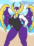 3:4 anthro anthrofied bat big_breasts breasts clothed clothing digital_media_(artwork) enderbendr eyeshadow female generation_7_pokemon legendary_pokemon looking_at_viewer luna_(endrslendr) lunala makeup mammal nintendo one-piece_swimsuit pokemon pokemon_(species) purple_body simple_background smile solo swimwear text thick_thighs wings