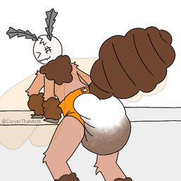1_eye 4_arms ankle_tuft antennae_(anatomy) anthro arm_tuft arthropod_abdomen bent_over clothed clothing diaper eyes_closed facial_scar feces fur head_tuft leaning leaning_forward leg_tuft male multi_arm multi_limb neck_tuft orange_diaper orange_eyes pooping rear_view scar simple_background smile soiled_diaper soiling soiling_diaper solo standing tan_body tan_fur text tuft unclean_diaper used_diaper using_diaper wearing_diaper wings wrist_tuft carverthemoth carver_(carverthemoth) arthropod insect lepidopteran moth 1:1 2026 artist_name colored digital_drawing_(artwork) digital_media_(artwork) portrait watermark