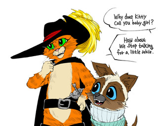 anthro belt blue_eyes boots brown_body brown_fur cape clothing dialogue duo eyeliner fangs feral footwear fur fuzzy green_eyes hand_on_hip hat headgear headwear looking_at_another makeup male open_mouth open_smile orange_body orange_fur question shoes shy simple_background size_difference smile speech_bubble standing sweater tail teeth text topwear whiskers white_background jorongbak dreamworks puss_in_boots_(franchise) why_does_serizawa_call_you_babygirl perrito_(puss_in_boots) puss_in_boots_(dreamworks) canid canine canis chihuahua domestic_cat domestic_dog felid feline felis mammal tabby_cat toy_dog english_text meme