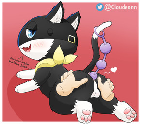anal anal_beads anal_penetration anus balls bestiality big_butt black_body black_fur blue_eyes blush bodily_fluids butt chibi clothing duo fangs feral fur genital_fluids genitals heart_symbol huge_butt human_on_feral interspecies kerchief looking_at_viewer looking_back looking_back_at_viewer male male/male markings mask nude open_mouth pawpads paws penetration penis sex_toy simple_background smile tail tail_markings teeth text white_balls white_body white_fur cloudeon atlus megami_tensei persona_(series) persona_5 sega morgana_(persona) domestic_cat felid feline felis human humanoid mammal tuxedo_cat absurd_res digital_media_(artwork) hi_res