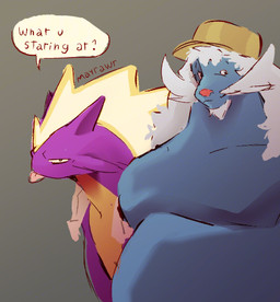 anthro anthrofied belly clothing duo facial_hair hair hat hat_only headgear headgear_only headwear headwear_only male male/male moobs mostly_nude navel nipples overweight tongue tongue_out mayrawr nintendo pokemon amped_toxtricity generation_5_pokemon generation_8_pokemon pokemon_(species) samurott toxtricity