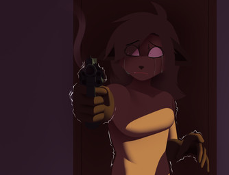 5_fingers anthro bodily_fluids brown_body brown_fur brown_hair crying door doorway female fingers fur gun hair handgun holding_gun holding_object holding_ranged_weapon holding_weapon inside open_mouth pointing_gun ranged_weapon revolver shaking solo tears trembling weapon donya donya_desmond canid canine canis mammal wolf hi_res