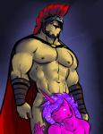 anthro armor cloak clothing convenient_censorship duo facial_hair guard headgear helmet horn looking_at_viewer male muscular muscular_male warrior bgn mythology equid equine mammal mythological_creature mythological_equine unicorn