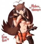 antenna_hair bottomwear breasts brown_clothing brown_eyes brown_hair brown_handwear brown_legwear brown_panties brown_topwear brown_underwear clothing club_(weapon) crop_top dual_wielding female fingerless_gloves footwear gloves hair handwear holding_object holding_weapon legwear markings melee_weapon midriff miniskirt multicolored_hair muscular muscular_female muscular_humanoid navel nightstick orange_bottomwear orange_clothing orange_handwear panties panty_peek red_eyes shirt shirt_collar short_hair simple_background skirt smile socks solo squirrel_tail striped_markings striped_tail stripes tail tail_markings thigh_highs thigh_socks topwear two_tone_hair under_boob underwear weapon white_background white_hair kamirobo arc_system_works blazblue makoto_nanaya animal_humanoid humanoid mammal mammal_humanoid rodent rodent_humanoid sciurid sciurid_humanoid tree_squirrel tree_squirrel_humanoid digital_media_(artwork) portrait three-quarter_portrait