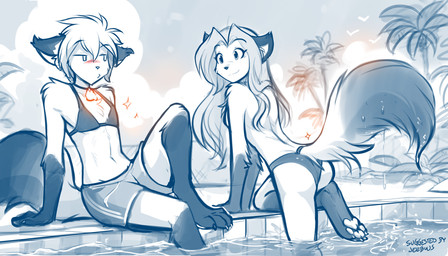 4_toes alternate_species anthro arm_support arm_tuft barefoot bikini bikini_bottom bikini_bottom_only biped blush blush_lines bottomwear butt chest_tuft claws closed_smile clothed clothed_anthro clothed_female clothed_male clothing cloud collar collar_of_keidranification crossdressing crossdressing_male digitigrade dipstick_tail duo elbow_tuft embarrassed eye_contact eyebrow_through_hair eyebrows feet female female_anthro finger_claws fingers fluffy fluffy_tail foot_in_water fur furgonomic_bottomwear furgonomics gloves_(marking) hair half-closed_eyes hindpaw inner_ear_fluff iris jewelry knee_pulled_up leg_markings long_hair long_tail looking_at_another male male_anthro markings mouth_closed narrowed_eyes navel outside palm_tree partially_submerged pawpads paws pendant plant pool poolside pupils sitting sky slim slim_anthro slim_female slim_male smile smiling_at_another socks_(marking) swimming_pool swimming_trunks swimwear tail tail_button_bottoms tail_clothing tail_markings toe_claws toes topless topless_anthro topless_female translucent translucent_hair tree tuft two-piece_swimsuit water wet wet_body wet_fur wet_tail conditional_dnp tom_fischbach twokinds keith_keiser laura_(twokinds) ambient_flier canid canine fox keidran mammal 2025 7:4 digital_drawing_(artwork) digital_media_(artwork) hi_res monochrome sketch spot_color