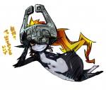 fangs female looking_at_viewer navel not_furry red_eyes solo teeth text wide_hips yellow_sclera yakibuta nintendo the_legend_of_zelda twilight_princess midna humanoid twili japanese_text translated