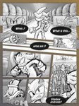 anthro clothing detailed_background female fur gloves handwear machine male speech_bubble text breech_loader toso sega sonic_the_hedgehog_(series) e-123_omega rouge_the_bat shadow_the_hedgehog bat e-series eulipotyphlan hedgehog human mammal robot 2022 absurd_res comic english_text greyscale hi_res monochrome