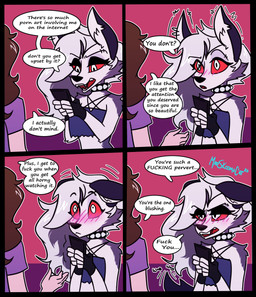 angry anthro blush brown_hair cellphone clothing collar comic_panel crop_top dialogue duo ear_piercing electronics eyebrow_piercing facial_piercing fangs female fingerless_gloves gloves grey_hair hair handwear long_hair makeup male mascara phone piercing pointy_ears profanity red_eyes red_sclera shirt smartphone spiked_collar spikes tail tail_motion tailwag teeth text topwear white_eyes madskoomacat msc_cat hellaverse helluva_boss mythology loona_(helluva_boss) canid canid_demon canine demon hellhound human mammal mythological_canine mythological_creature comic english_text hi_res