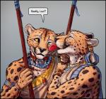 2019 anthro black_nose cheetah clothed clothing conditional_dnp digital_media_(artwork) duo ear_piercing eyes_closed felid feline fur grey_background holding_object holding_spear holding_weapon inner_ear_fluff jewelry kissing licking lue'maar_(titusw) male male/male mammal markings melee_weapon piercing polearm simple_background smile spear spots spotted_body spotted_fur ti'maar_(titusw) titusw tongue tongue_out tribal tuft weapon whiskers