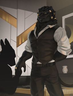 anthro black_body black_fur clothed clothing dreadlocks fur gold_(metal) gold_jewelry jewelry male melanistic office solo topwear vest kraaisha horus_wild felid lion mammal pantherine hi_res