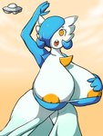 areola areola_slip big_breasts blue_arms blue_hair breasts cleavage clothed clothing eyelashes female hair huge_breasts nipples open_mouth short_hair solo standing ufo white_body yellow_eyes yellow_nipples royaloppai nintendo pokemon lucy_(jcdr) gardevoir generation_3_pokemon humanoid pokemon_(species) shiny_pokemon