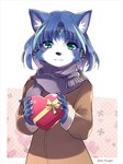 :3 accessory anthro blue_body blue_fur blue_hair blush box candy clothing coat container dessert female food fur gift green_eyes hair hair_accessory happy heart_box holidays kemono looking_at_viewer scarf short_hair simple_background smile solo standing topwear upper_body white_body white_fur namagakiokami nintendo star_fox valentine's_day krystal_(star_fox) canid canine fox mammal 2021 hi_res signature