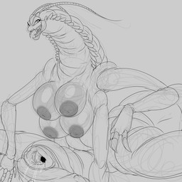 4_breasts animal_genitalia antennae_(anatomy) arthropod_abdomen arthropod_abdomen_cloaca arthropod_abdomen_genitalia bodily_fluids breasts cloaca female gaping gaping_cloaca genital_fluids genitals multi_arm multi_breast multi_limb solo denizen1414 men_in_black edgar_the_bug alien arthropod blattodean cockroach insect orthopterous_exomorphs 1:1 hi_res monochrome