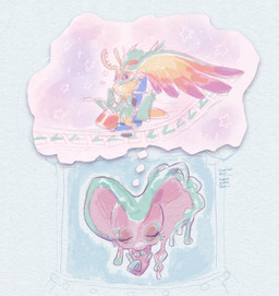 ambiguous_gender amusement_ride anthro antlers biped black_sclera chest_tuft countershade_torso countershading curled_up digitigrade dipstick_tail dream duo eyes_closed feral fetal_pose fluffy fluffy_tail fur happy head_wings horn huge_wings imagination markings mouthless multicolored_body multicolored_eyes multicolored_fur neck_tuft orange_body orange_fur pink_body pink_eyes pink_skin pupils roller_coaster simple_background sleeping star star_polygon stasis_chamber tail tail_markings tan_body tan_fur teal_body teal_eyes teal_fur teal_skin thought_bubble tuft unusual_wing_placement white_background wings kamabokobun kirby_(series) kirby_and_the_forgotten_land nintendo fecto_elfilis fecto_forgo alien chinchilla chinchillid mammal rodent starling_(kirby) 2025 digital_drawing_(artwork) digital_media_(artwork) english_description hi_res mixed_media signature traditional_media_(artwork)