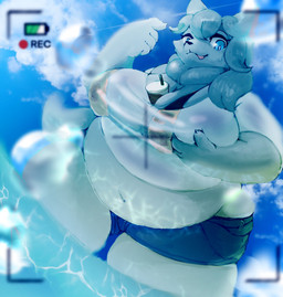 anthro belly big_belly blue_eyes breasts camera_view clothed clothing cloud female hair looking_at_viewer obese obese_anthro obese_female outside overweight overweight_anthro overweight_female partially_submerged sky solo tongue tongue_out water hoshino_kedama canid canine mammal hi_res