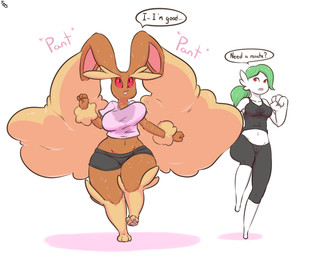 3_toes 4_fingers anthro barefoot big_breasts big_ears bodily_fluids bouncing_breasts breast_size_difference breasts dialogue duo exercise eyebrows eyelashes feet female fingers green_hair hair midriff open_mouth pokemorph ponytail red_eyes red_sclera sound_effects speech_bubble sweat text thick_thighs toes wide_hips immortalstar nintendo pokemon gardevoir generation_3_pokemon generation_4_pokemon lagomorph lopunny mammal pokemon_(species) absurd_res english_text hi_res