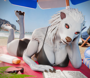 anthro arm_support beach beach_umbrella big_breasts bikini bikini_bottom bikini_top black_bikini black_bikini_bottom black_bikini_top black_clothing black_lips black_swimwear book breasts butt claws cleavage clothed clothing digitigrade eyelashes eyewear fangs female finger_claws fur hair leaf lips looking_at_viewer lying makeup mascara on_front parasol pawpads pose pupils red_eyes sand sharp_teeth shoreline sky slit_pupils solo sunglasses sunscreen swimwear teeth toe_claws towel two-piece_swimsuit umbrella water white_body white_fur white_hair worgan_freeman blizzard_entertainment mythology warcraft almaria_(worgan_freeman) canid canine mammal mythological_canine mythological_creature werecanid werecanine werecreature werewolf worgen 2025 3d_(artwork) digital_media_(artwork) hi_res pinup