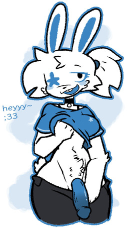 :3 anthro blue_blush blue_penis blush bottomwear bottomwear_down bra_strap breast_grab breasts buckteeth clothed clothing collar flirting flirting_with_viewer fur genitals gynomorph hair hand_on_breast humanoid_genitalia humanoid_penis intersex looking_at_viewer lowering_pants pants pants_down partially_clothed penis ponytail presenting presenting_penis short_tail solo tail talking_to_viewer teeth white_body white_fur weirdenned astrik_(asterisks_nsfw) lagomorph leporid mammal rabbit 2026 hi_res trans_(lore)