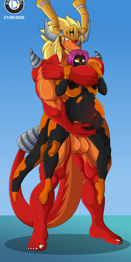 5_toes abdominal_bulge anthro armor balls big_balls big_breasts black_body black_nipples blonde_hair breasts carrying_another carrying_partner chokehold dominant dominant_male duo eye_roll eyelashes fangs feet female genitals hair hand_on_arm hand_on_belly headgear headgear_only helmet helmet_only huge_breasts larger_male looking_pleasured male male/female markings muscular muscular_male nipples orange_body pink_hair pregnant pregnant_female pregnant_sex red_body sex simple_background size_difference smaller_female smile spiked_tail spikes spikes_(anatomy) standing standing_sex tail teeth toes yellow_eyes danielssj bushiroad future_card_buddyfight mythology drum_bunker_dragon maxine_(maxdamage_rulz) amphibian dragon fire_salamander mythological_creature mythological_scalie salamander scalie absurd_res hi_res