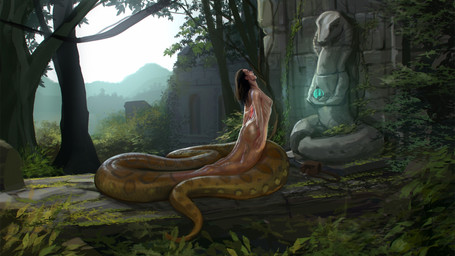 apode black_hair breasts butt detailed_background eyes_closed female forest green_body green_scales hair legless mid_transformation nipples nude open_mouth outside plant scales sculpture serpentine solo species_transformation split_form statue temple transformation tree liminalbean draconcopode human lamia mammal reptile scalie snake 16:9 2019 hi_res widescreen