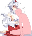 barefoot breasts clothed clothing dress duo feet female hair hat head_on_breast headgear headwear kneeling male male/female red_eyes short_hair sitting sleeping smile tokin_hat white_hair kasuka_(kusuki) touhou momiji_inubashiri animal_humanoid canid canid_humanoid human humanoid mammal mammal_humanoid 2017