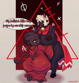 3_eyes ambiguous_gender anthro areola bell big_breasts big_butt black_areola black_body black_eyes black_nipples breasts butt cloak clothing duo exclamation_point female fur grey_body hooves horn huge_breasts huge_butt huge_thighs looking_at_viewer mostly_nude multi_eye nipples one_eye_closed pupils robe smile speech_bubble text thick_thighs white_body white_fur white_pupils white_wool wool_(fur) ashardy cult_of_the_lamb massive_monster_(studio) lamb_(cult_of_the_lamb) narinder bovid caprine domestic_cat felid feline felis mammal sheep english_text hi_res