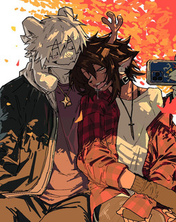 2_horns anthro antlers autumn_leaves bodily_fluids brown_body brown_fur brown_hair cellphone clothed clothed_anthro clothed_female clothed_male clothing collar drooling duo electronics female fingerless_gloves flannel freckled_face freckles fully_clothed fully_clothed_anthro fully_clothed_female fully_clothed_male fur gloves hair handwear holding_cellphone holding_object holding_phone holding_smartphone horn hylian_crest jacket male male/female phone red_clothing red_shirt red_topwear saliva shirt sleeping smartphone taking_picture taking_selfie topwear white_body white_fur white_hair heartbreak_juan deltarune undertale undertale_(series) asriel_dreemurr dess_holiday bovid caprine deer goat mammal new_world_deer reindeer hi_res